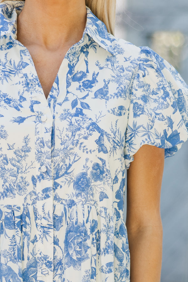 Perfect For You Blue Toile Button Down Midi Dress