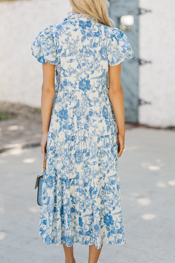 Perfect For You Blue Toile Button Down Midi Dress