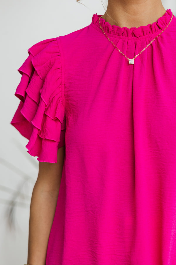 See You Out Fuchsia Pink Ruffled Blouse