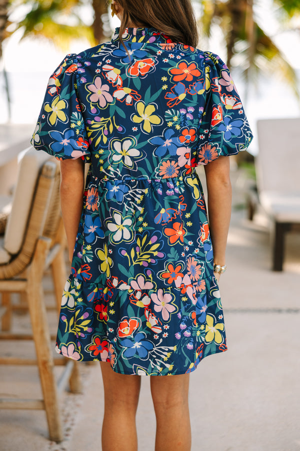 navy blue floral dress short Bell Sleeve Floral Short Sheath Dress In Navy Multi