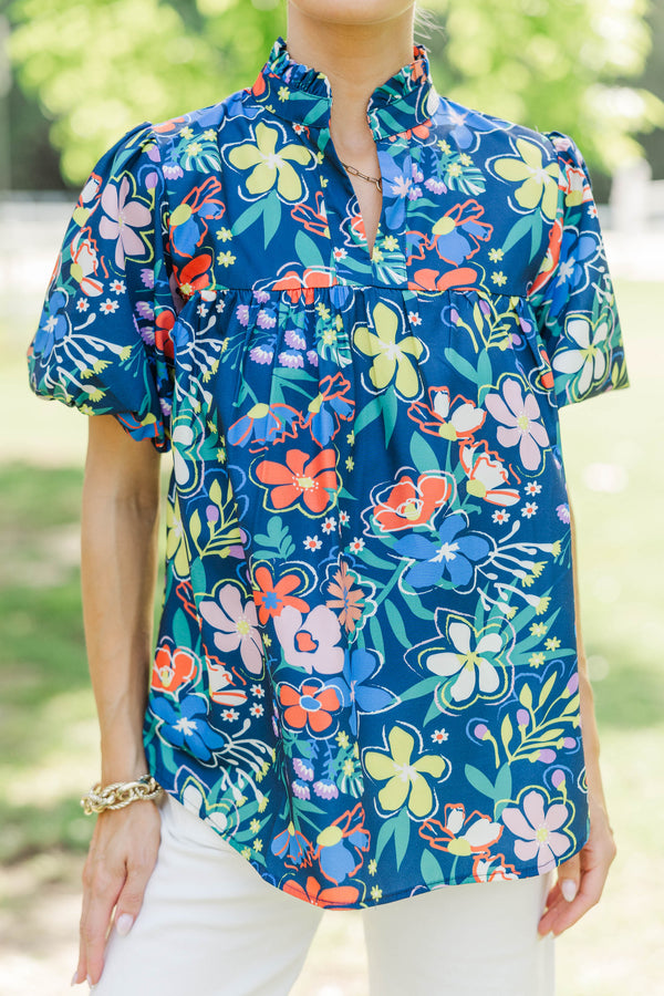 When You Know Navy Blue Floral Blouse