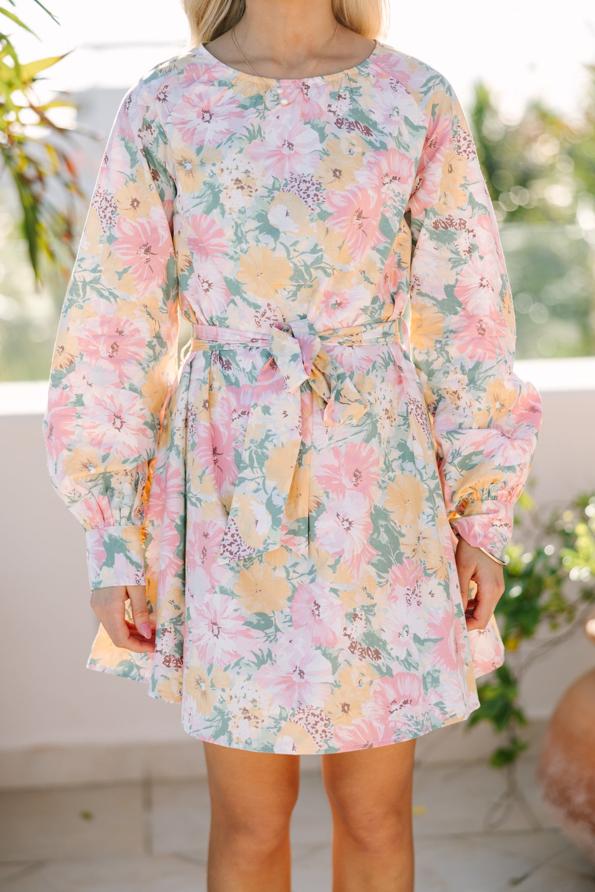2466 Pink Tie Waist Floral Shirt Dress