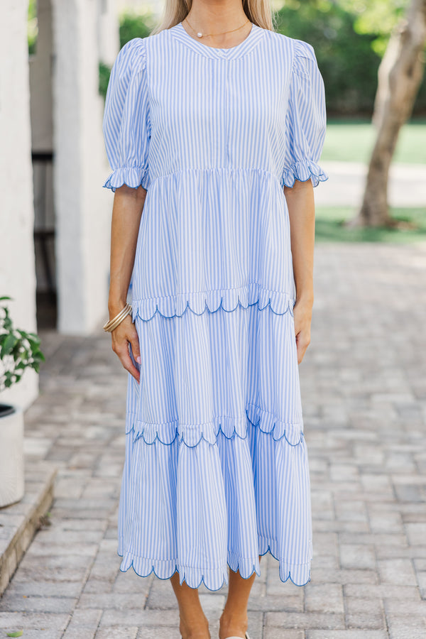 LIGHT BLUE STRIPED COLLARED LONG SLEEVE MIDI DRESS main image 0