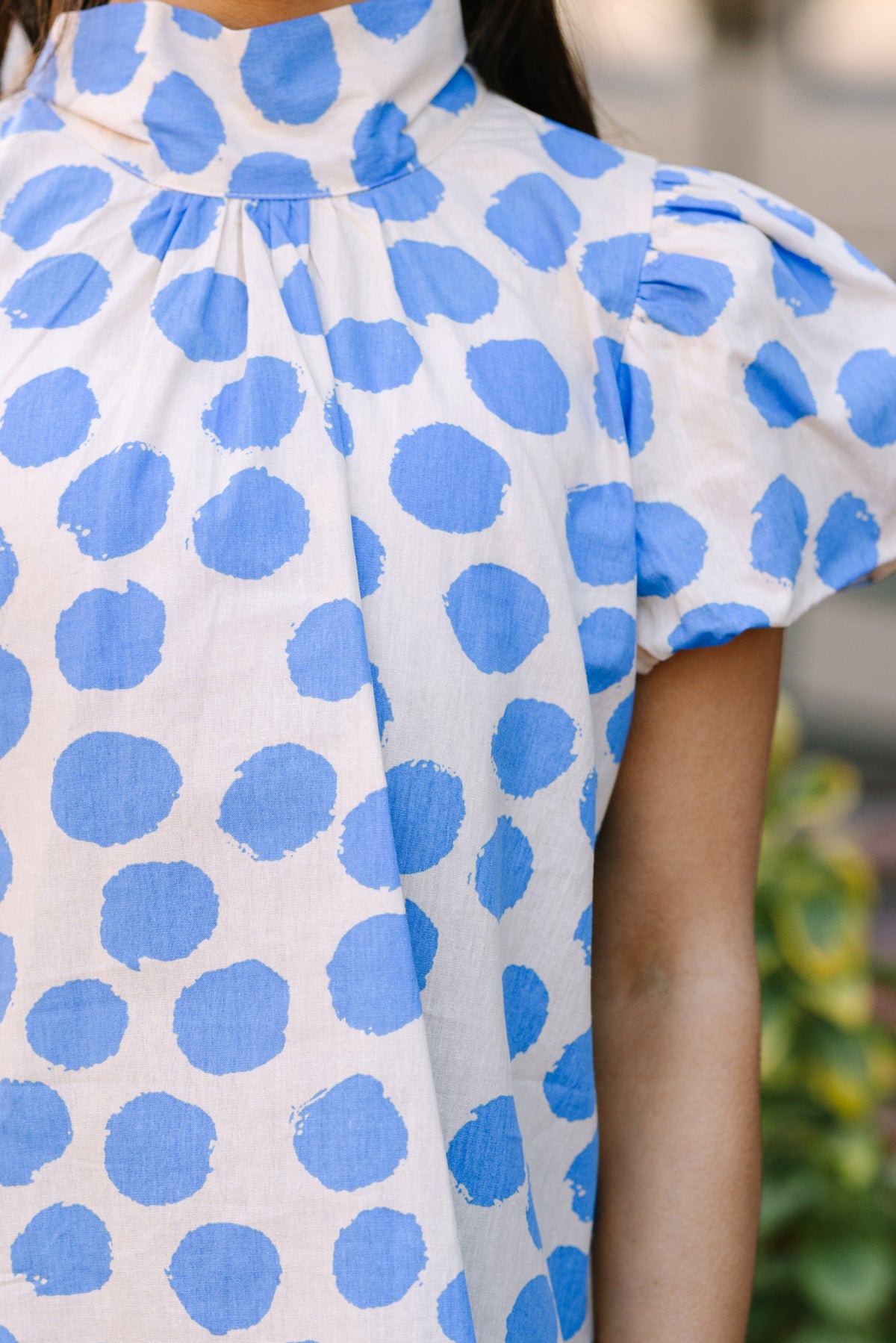 Light blue polka dot blouse on sale