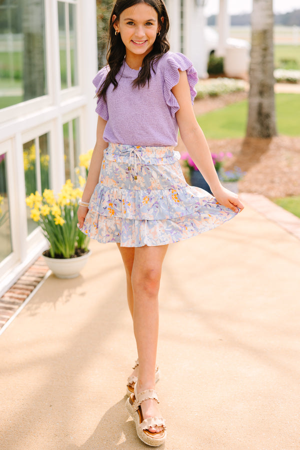 Girls: Take The Leap Light Blue Floral Satin Skort