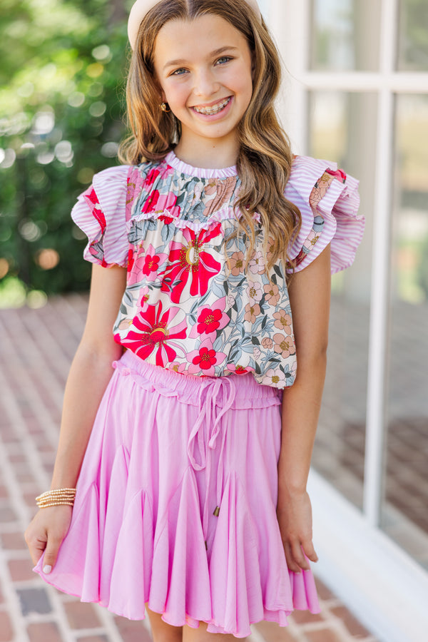 Girls: Full Of Love Pink Floral Blouse