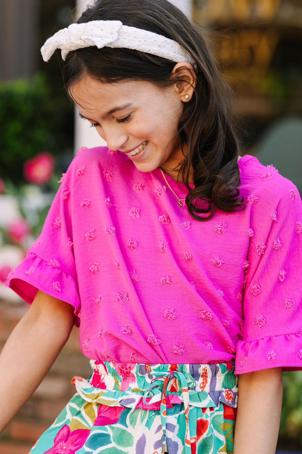 トップス　ピンク Girls: All I Ask Fuchsia Pink Swiss Dot Ruffled Top – Shop the Mint