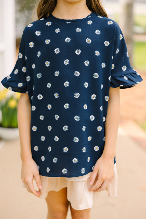 Girls: All I Ask Ruffled Navy Blue Floral Top
