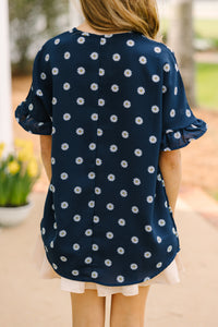 Girls: All I Ask Ruffled Navy Blue Floral Top