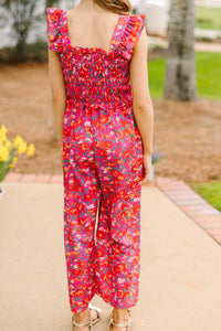Girls: All For You Pink Ditsy Floral Smocked Jumpsuit