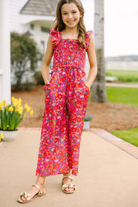 Girls: All For You Pink Ditsy Floral Smocked Jumpsuit