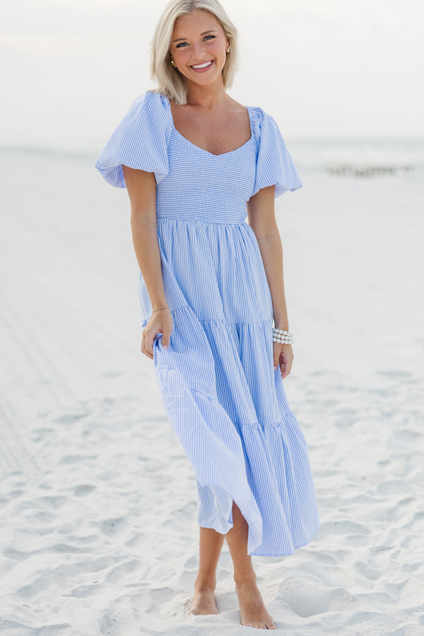 Through The Garden Blue Pin Stripe Midi Dress – Shop the Mint Through The Garden Blue Pin Stripe Midi Dress – Shop the Mint