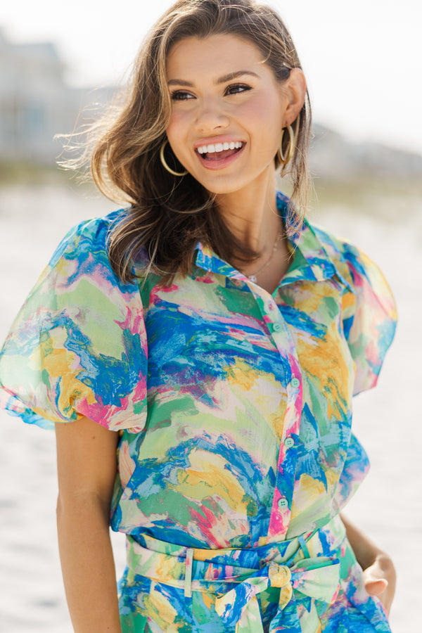 View From The Coast Green Abstract Blouse