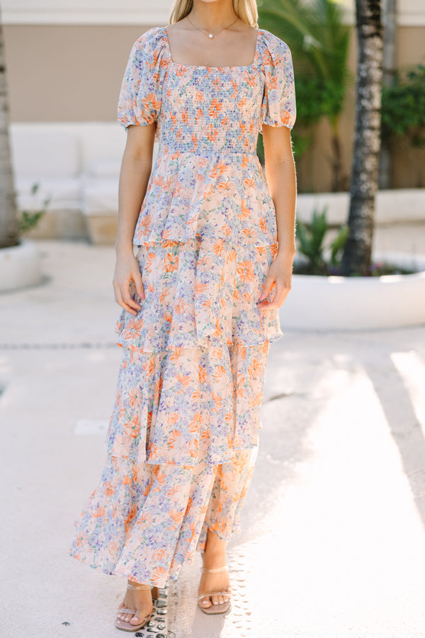 orange floral long dress FLORAL PRINT HALTER NECK TIE OPEN BACK MAXI DRESS (ORANGE MULTI) Dress Code Chic Official