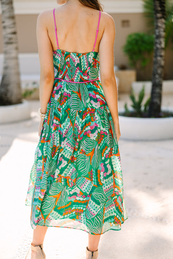Back In Action Green Abstract Midi Dress