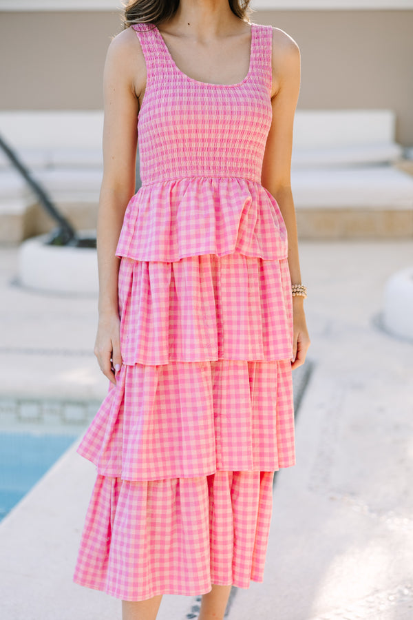 Look Your Way Pink Gingham Midi Dress