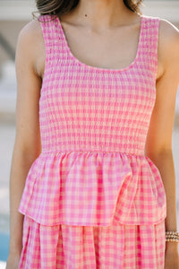 Look Your Way Pink Gingham Midi Dress