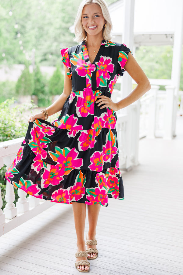 black and pink floral midi dress Reiss Fitted Floral Print Midi Dress in Black/Pink