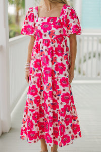 Answer The Call Hot Pink Floral Midi Dress