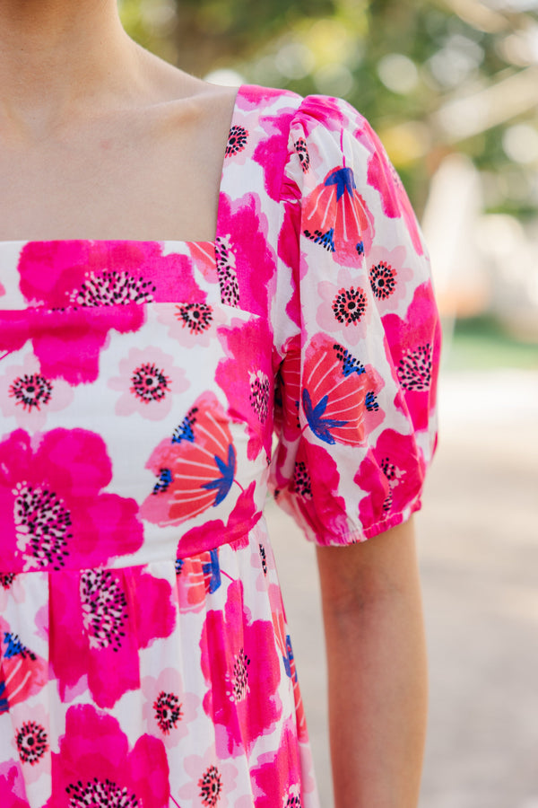 hot pink floral midi dress Paula Hot Pink Floral Sleeve Midi Dress (S-3XL)