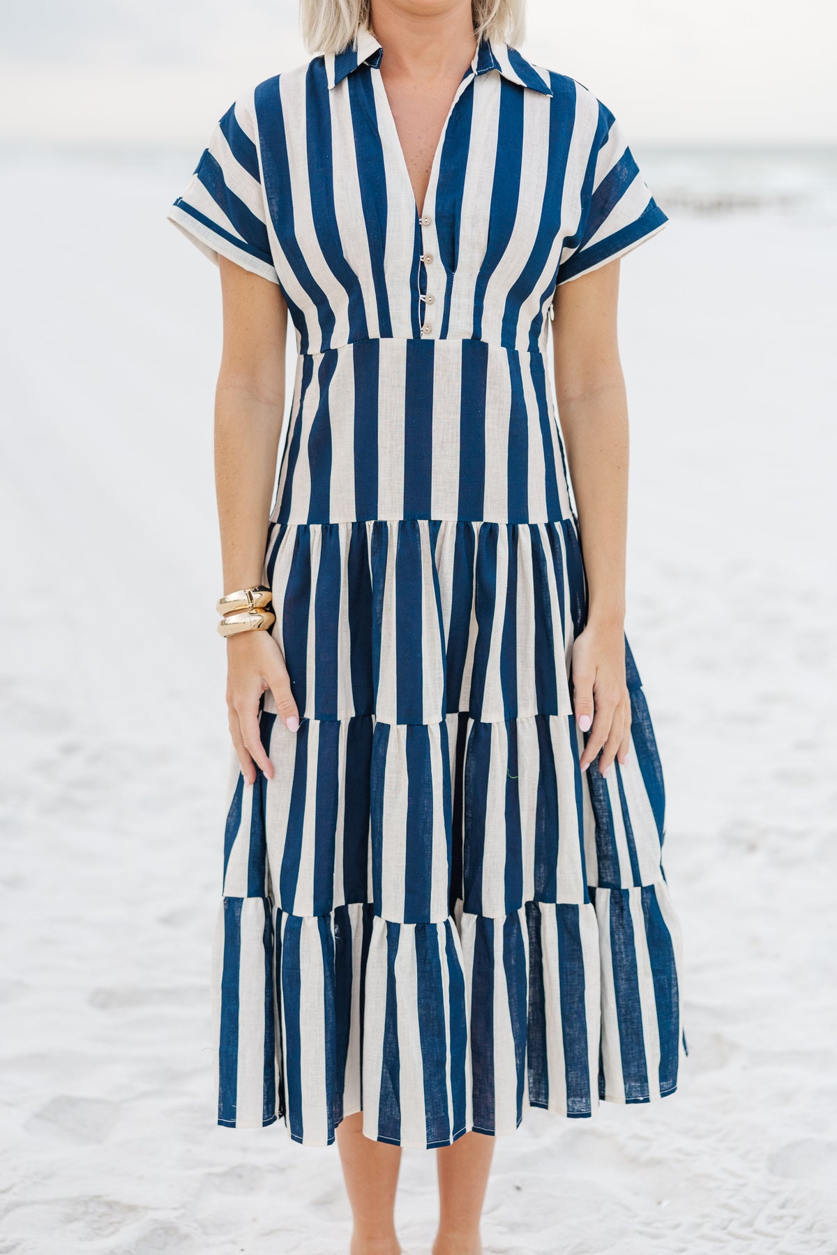 Navy & Light Blue Stripe Tie-Waist Midi Dress main image 0