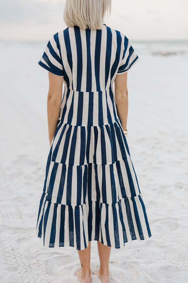 Search Your Heart Navy Blue Striped Midi Dress