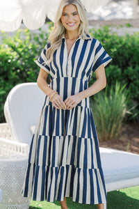 Search Your Heart Navy Blue Striped Midi Dress