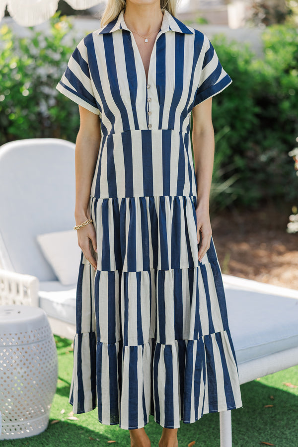 Search Your Heart Navy Blue Striped Midi Dress