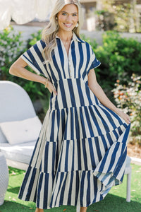 Search Your Heart Navy Blue Striped Midi Dress