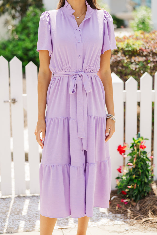 Tell It All Lavender Purple Button Down Midi Dress