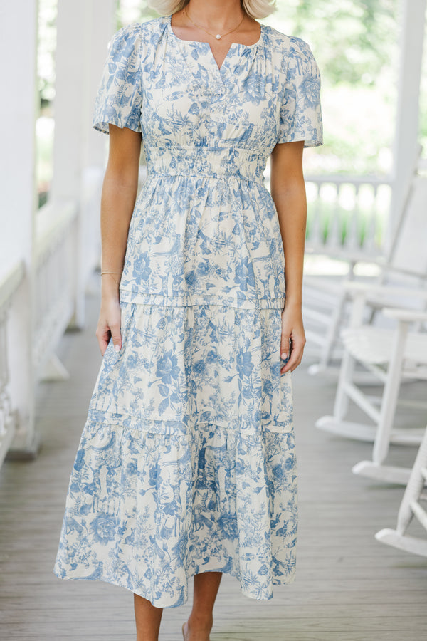 It's In The Air Blue Toile Tiered Midi Dress