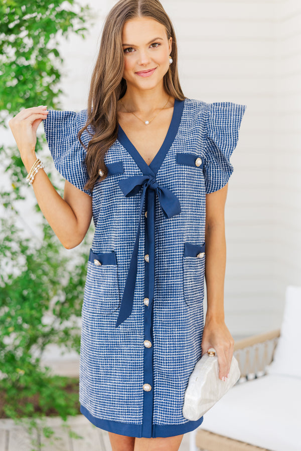 Queens Calling Navy Blue Tweed Shift Dress