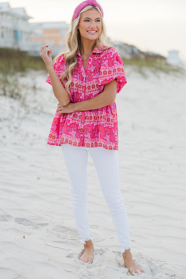 In This Place Hot Pink Printed Blouse