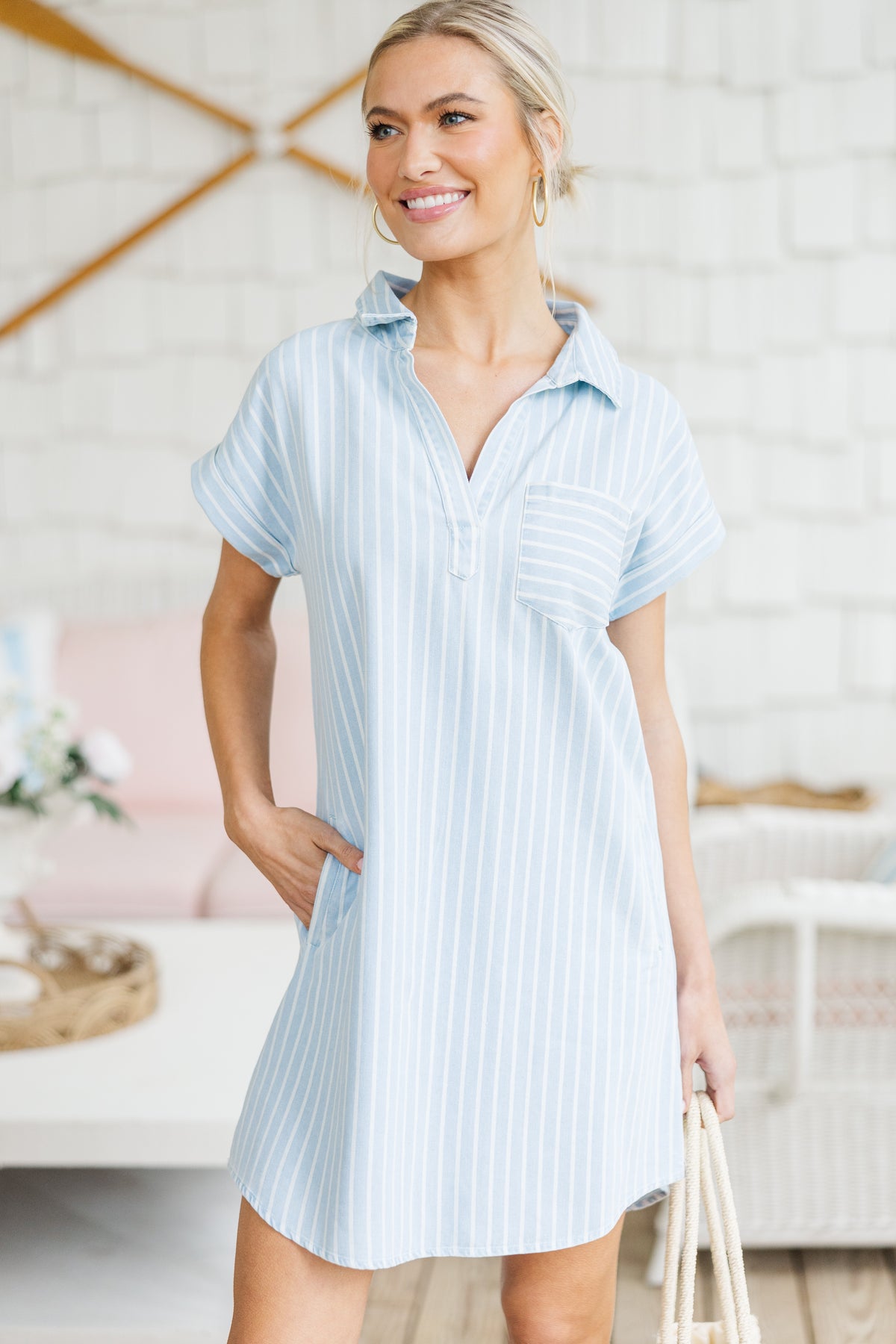Off To The Shore Blue Chambray Striped Dress – Shop the Mint