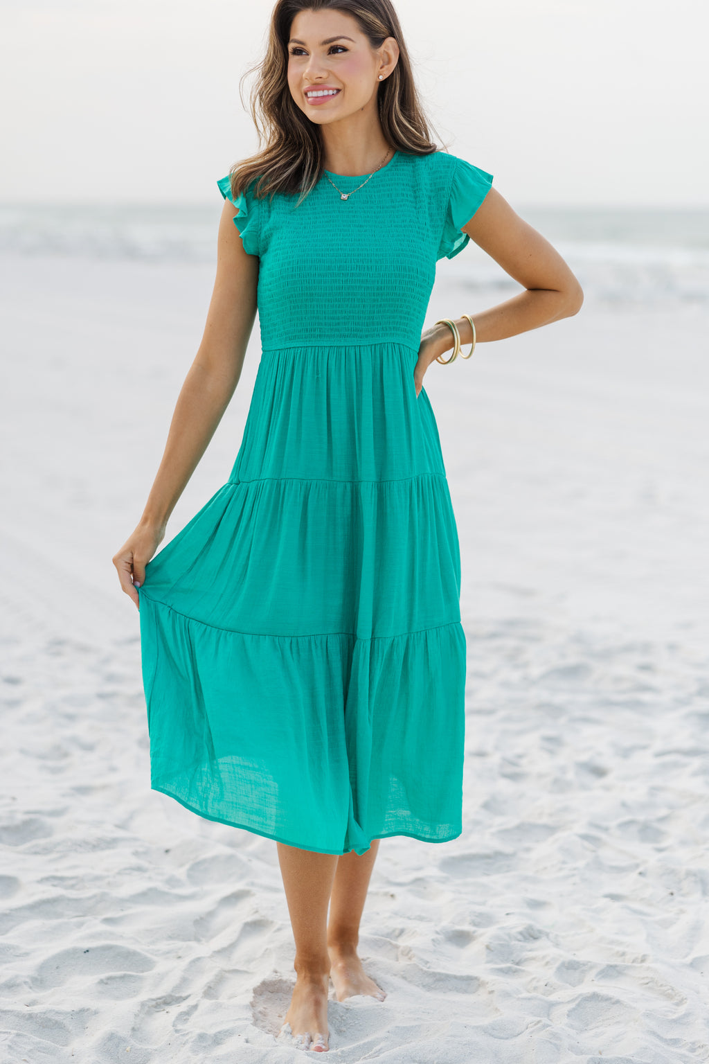 emerald green smock dress Learn From The Best Smocked Color:Picture Ivory Cape Overlay Slip Dress boho casual mini dress Dark green Available in extended sizing