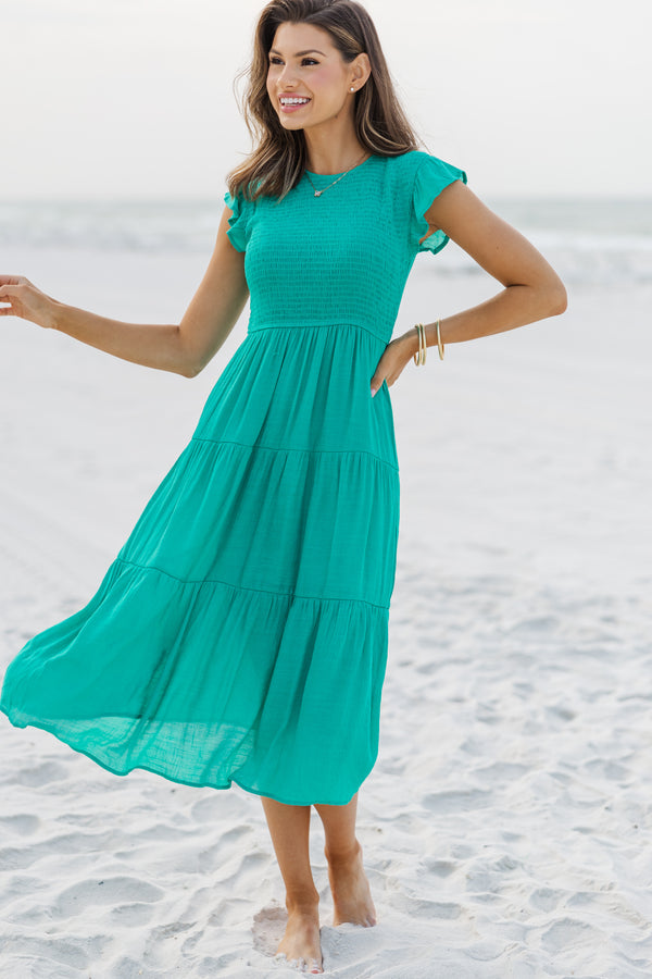 green smocked dress womens Women's Smocked Maxi A-Line Dress