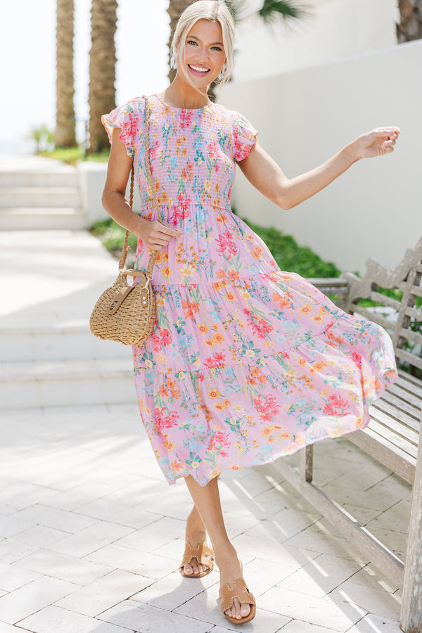 peach pink midi dress pink dress with flowers Pink Floral-Print Fit-and-Flare Midi Summer Dress Peach Rose Floral