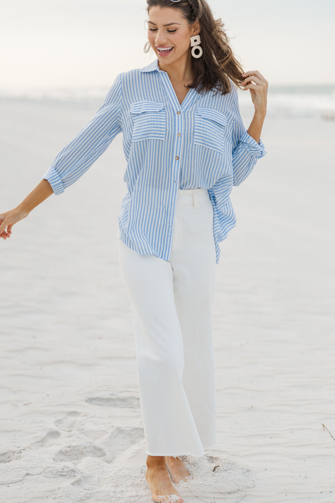 Blue Striped Christmas Tree Button Down main image 1