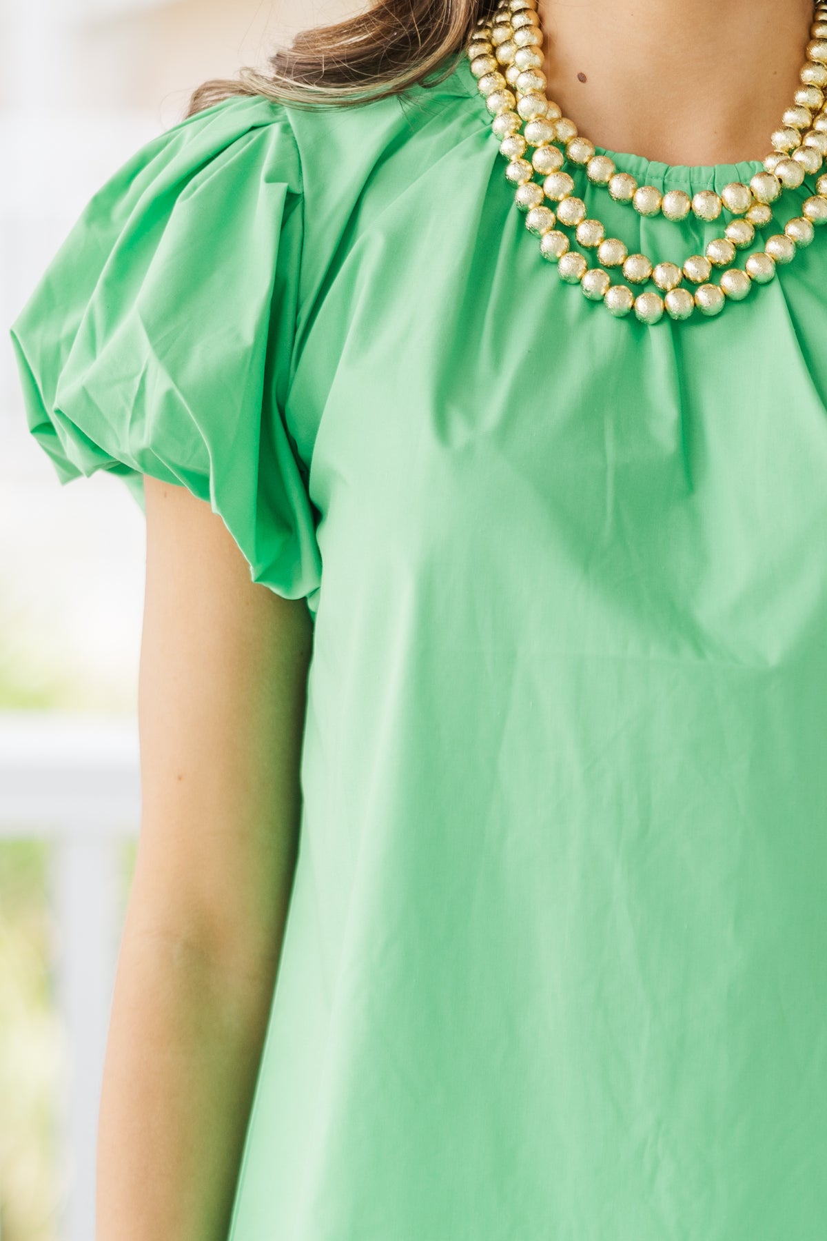 Green Puff Sleeve Blouse with Boat Neck
