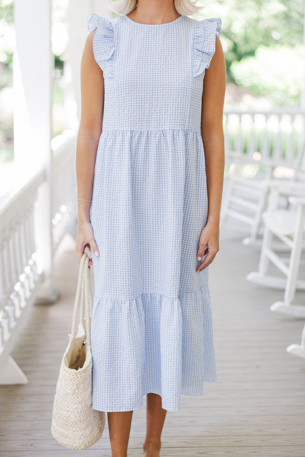 Feminine Power Blue Gingham Midi Dress Shop the Mint Feminine Power Blue Gingham Midi Dress Shop the Mint