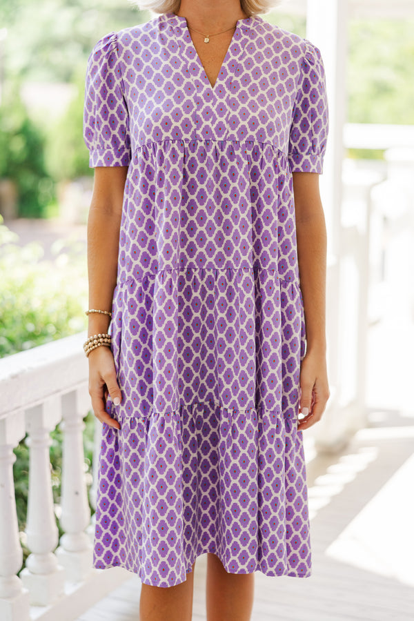 purple midi dresses, lattice printed midi dresses, conservative midi dresses