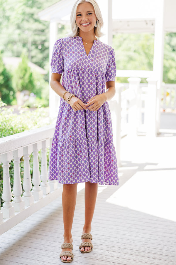 purple midi dresses, lattice printed midi dresses, conservative midi dresses