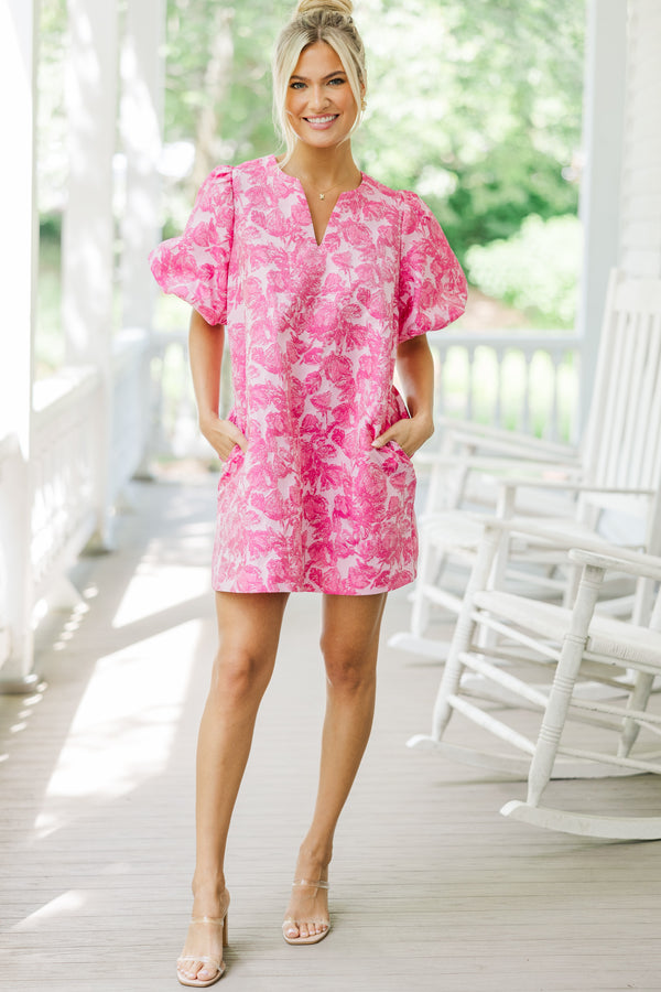 pink pattern dress Fuchsia Pink Floral Jacquard Mini Dress - All Dresses