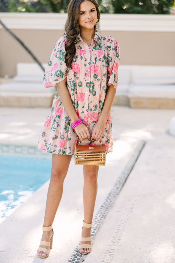 peach pink floral dress Peach Pleats and Floral Dress