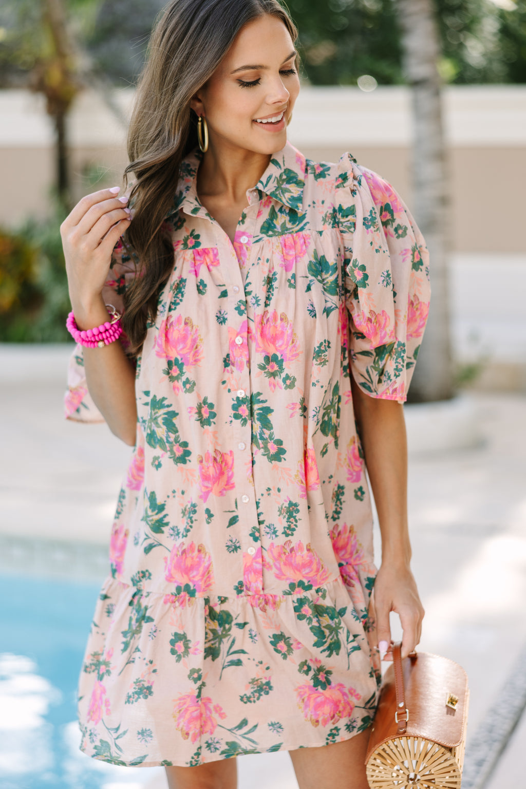 peach pink floral dress Peach Pleats and Floral Dress