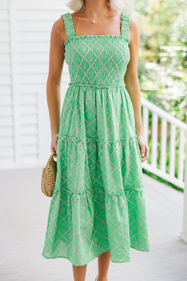 Here To Stay Green Eyelet Midi Dress