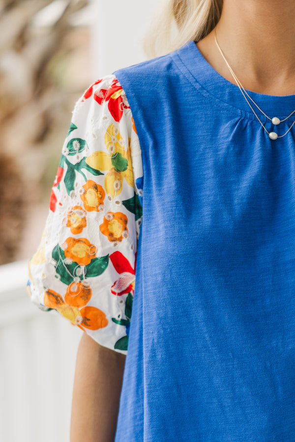 Show Your True Colors Blue Eyelet Sleeve Blouse