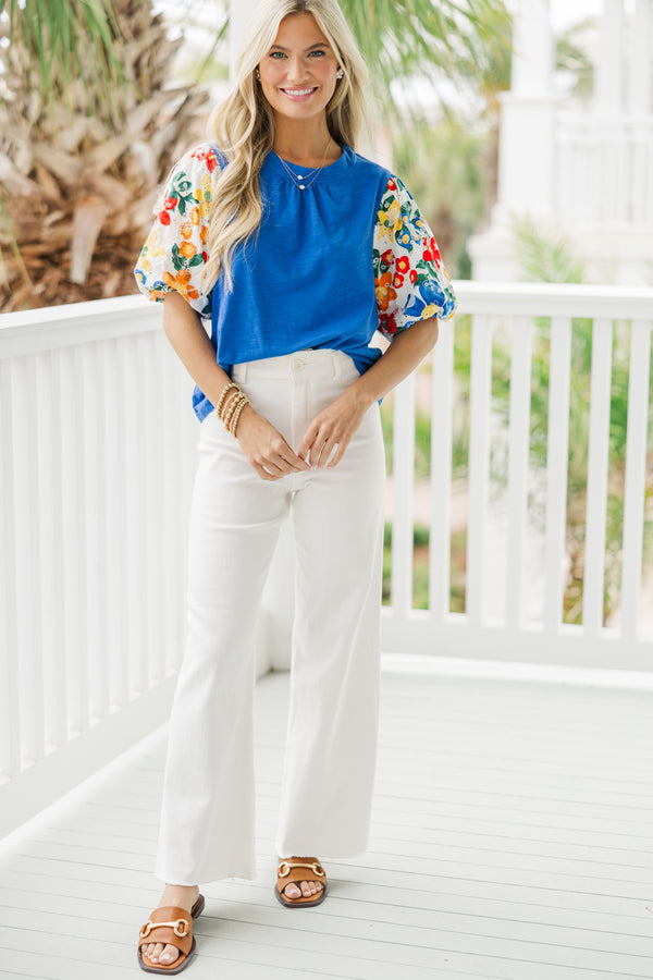 Show Your True Colors Blue Eyelet Sleeve Blouse