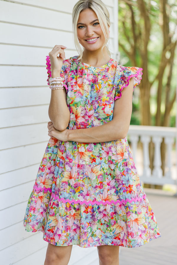 colorful floral dress, babydoll dresses for women, rickrack trim dress