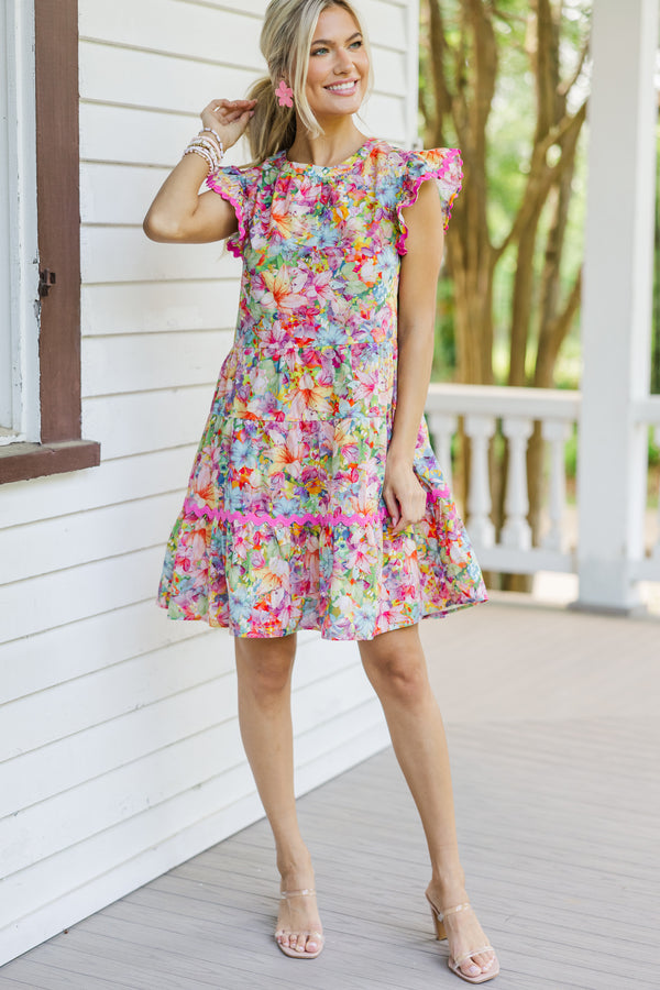 colorful floral dress, babydoll dresses for women, rickrack trim dress